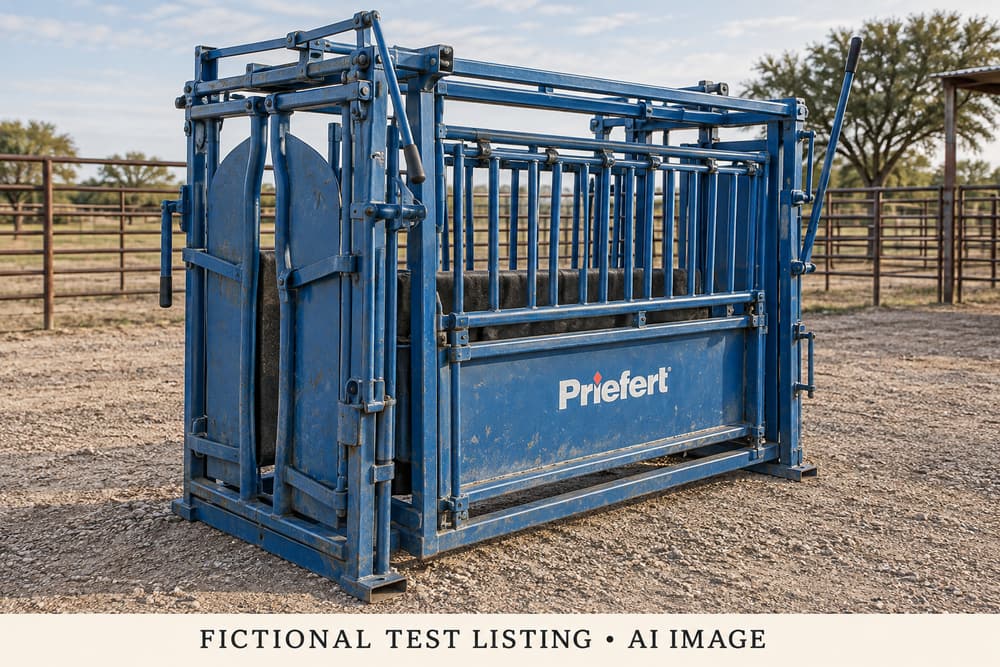 AI illustration of Priefert S04 Cattle Squeeze Chute; fictional test item